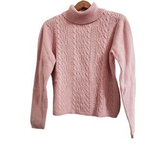 Liz Claiborne Crazy Horse Pink Turtleneck Pullover Cable Knit Sweater L Cotton 1